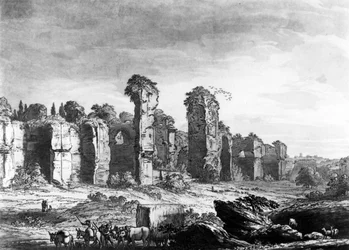 Widok na pozostałości łaźni Karakalli z ogrodu jezuitów, Rzym, ok. 1778 (akwatinta)